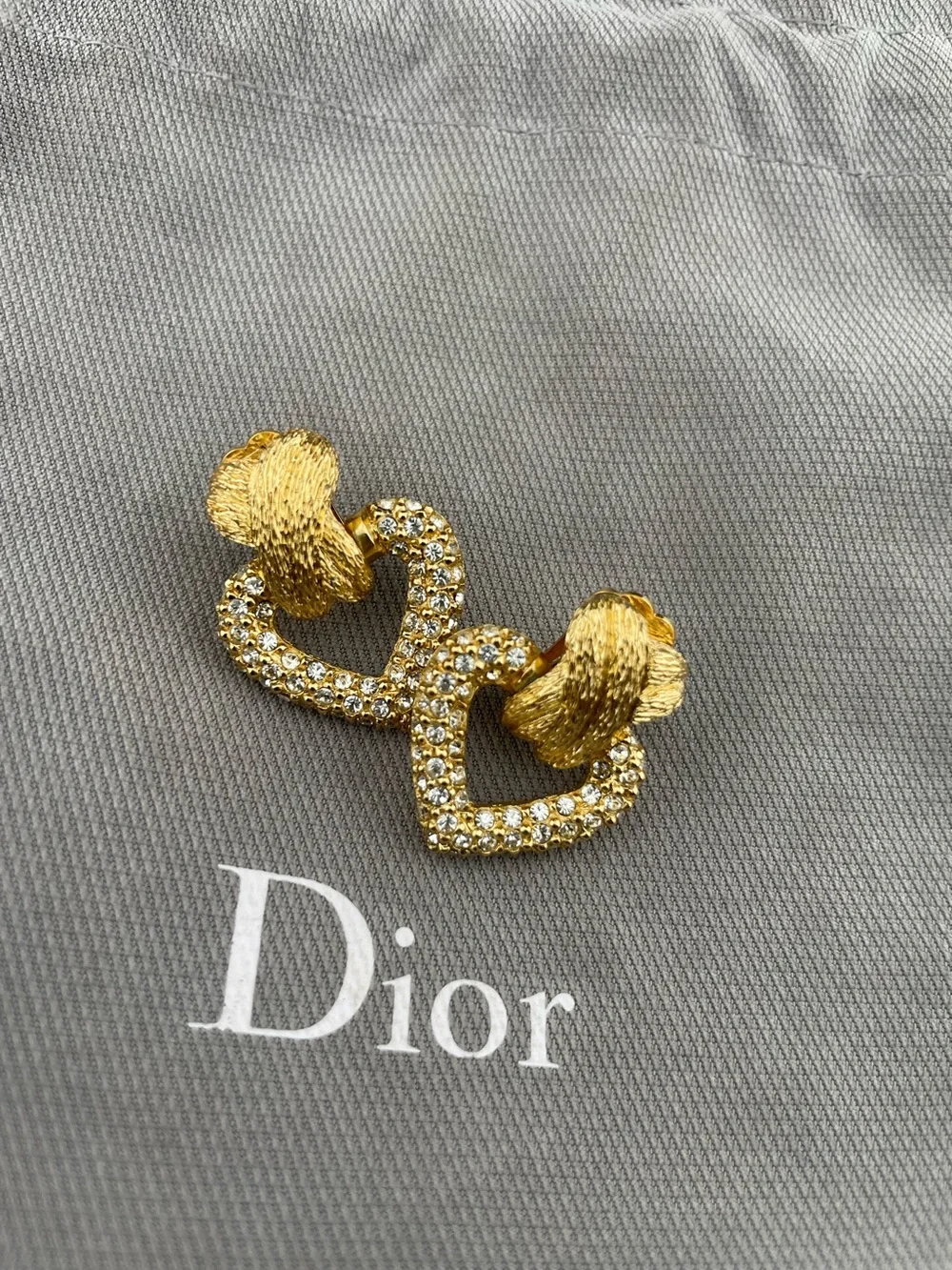 Vintage Christian Dior Gold Pavé Heart Clip-On Earrings
